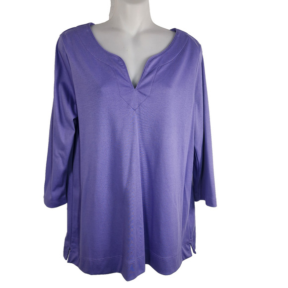 L.L. Bean Tops - LL Bean Womens Pima Cotton Tunic 3/4 Sleeve Splitneck Purple Large 300325 Casual
